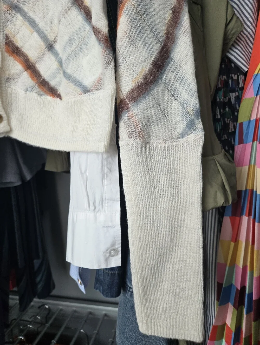 Free People Cream Plaid Cropped Cardigan with Brown and Gray Checks